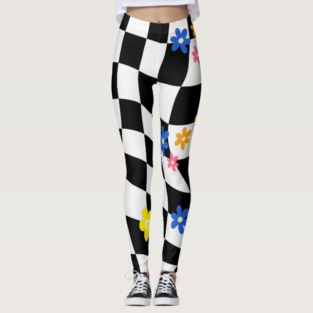 Groovy Daisy Blommigt Heart Checkerboard, Y2K 90s Leggings (Framsida)