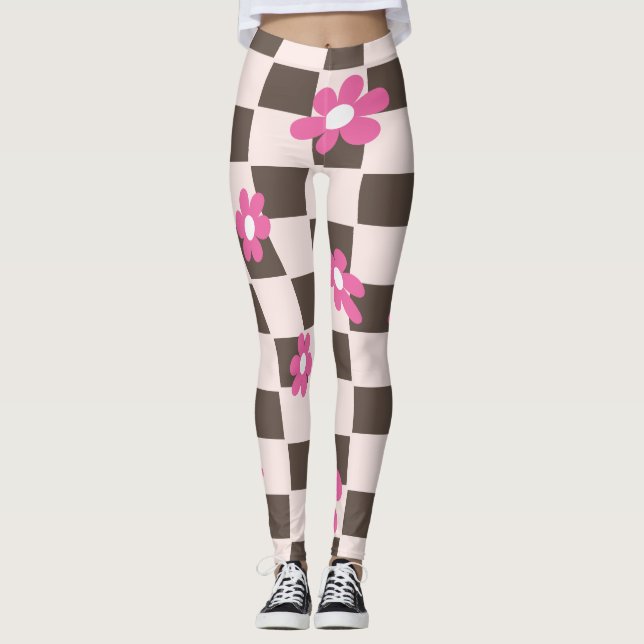 Groovy Daisy Blommigt Heart Checkerboard, Y2K 90s Leggings (Framsida)