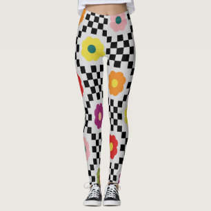 Groovy Daisy Blommigt Heart Checkerboard, Y2K 90s Leggings