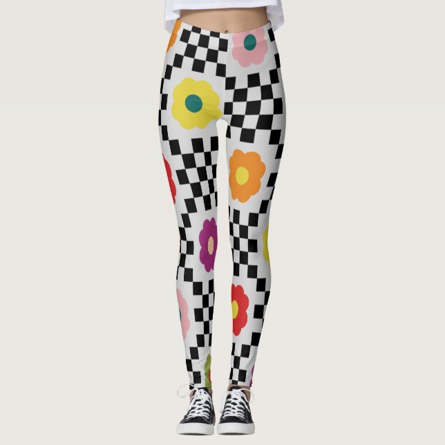 Groovy Daisy Blommigt Heart Checkerboard, Y2K 90s Leggings (Framsida)