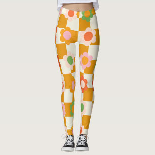 Groovy Daisy Blommigt Heart Checkerboard, Y2K 90s Leggings