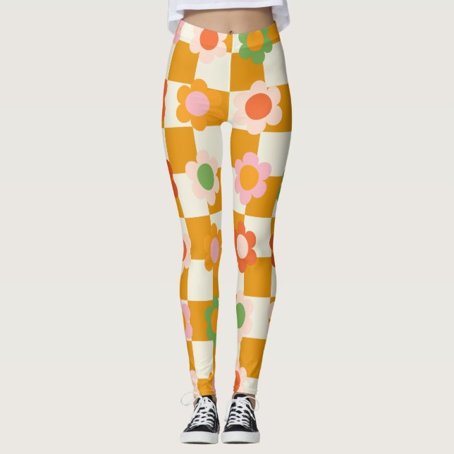 Groovy Daisy Blommigt Heart Checkerboard, Y2K 90s Leggings (Framsida)