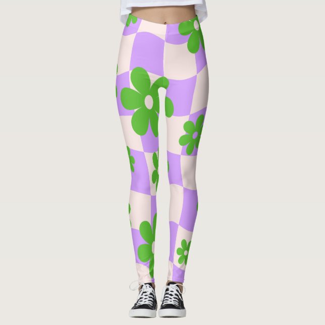 Groovy Daisy Blommigt Heart Checkerboard, Y2K 90s Leggings (Framsida)