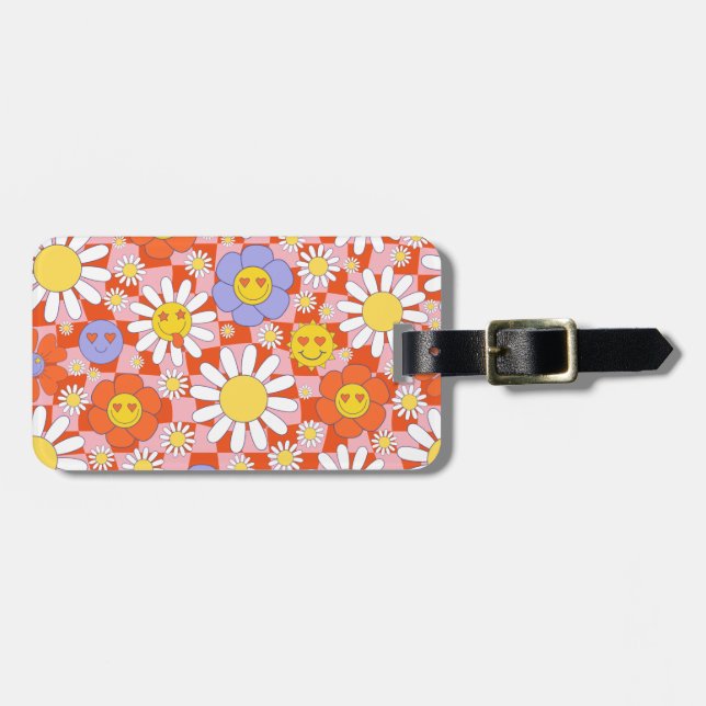 Groovy Daisy Floral Checkerboard, Y2K 90s  Bagagebricka (Horisontell Framsida)
