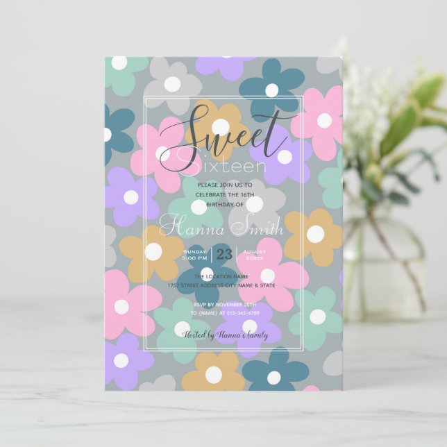 Groovy Daisy Flowers Grått Retro Boho Blommigt Inbjudningar (Stående Fram)