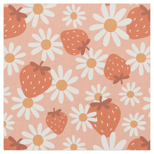 Groovy Daisy Jordgubbs Tryck Sommar Vår Rosa Tyg (Närbild)