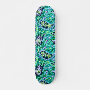 Groovy Daisy Paisley BoHo Vattenfärg Teal Mini Skateboard Bräda 18,5 Cm