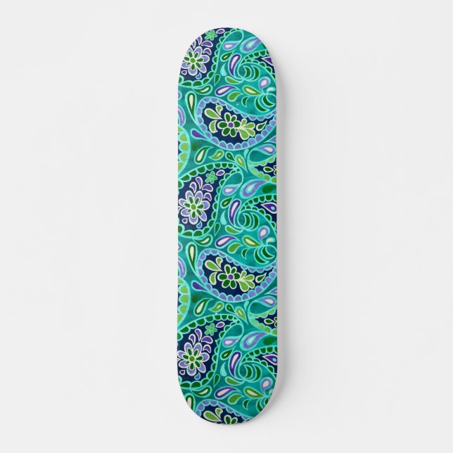 Groovy Daisy Paisley BoHo Vattenfärg Teal Mini Skateboard Bräda 18,5 Cm (Framsida)