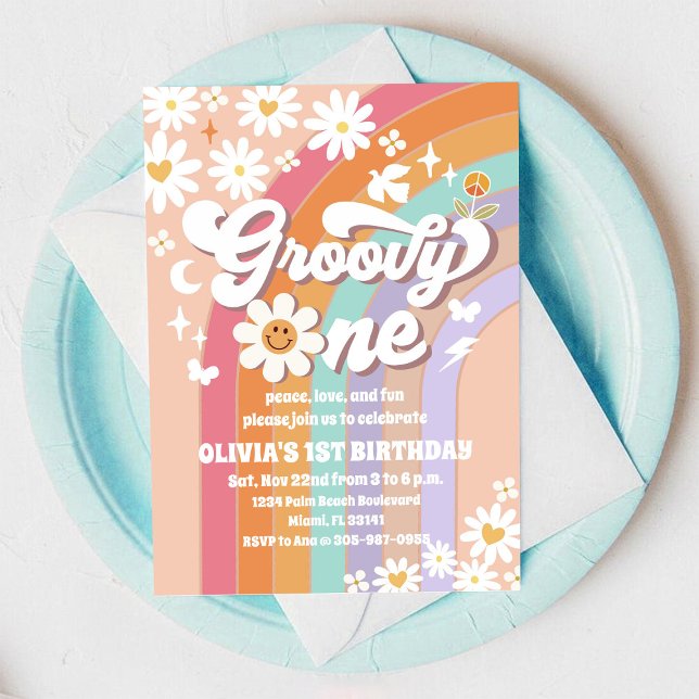 Groovy Daisy Rainbow 1st Birthday Invitation Inbjudningar (Skapare uppladdad)