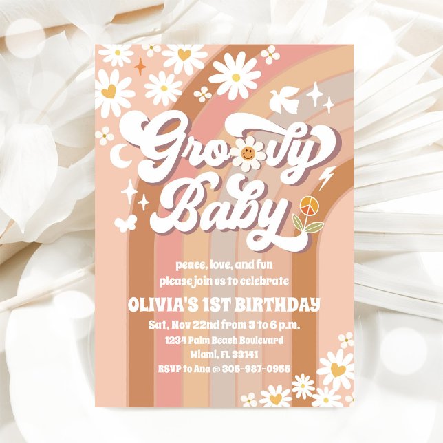 Groovy Daisy Rainbow Birthday Invitation Inbjudningar (Skapare uppladdad)
