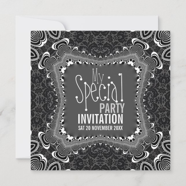 Groovy Damask Twist Svarta Vita Fester Inbjudninga Inbjudningar (Framsida)