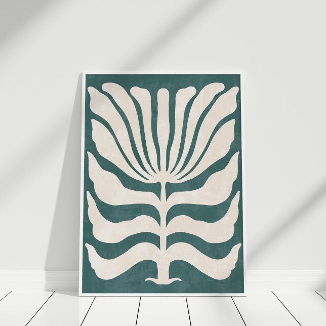Groovy dammig teal abstrakt blomkonst för väggar poster (Boho Blue and White Abstract Flower Wall Art in a white frame against white wall.
)
