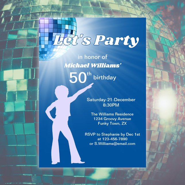 Groovy Disco Boll Blue Mans 50:e födelsedagen Inbjudningar (Skapare uppladdad)