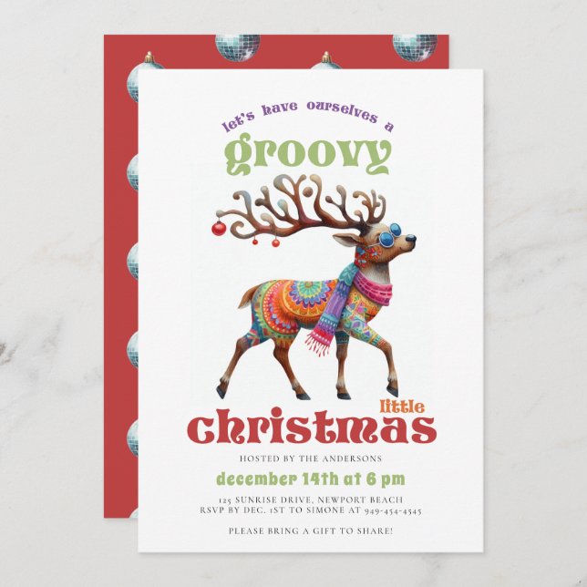 Groovy Disco Hippie Reindeer Funny jul Party Inbjudningar (Fram/baksida)