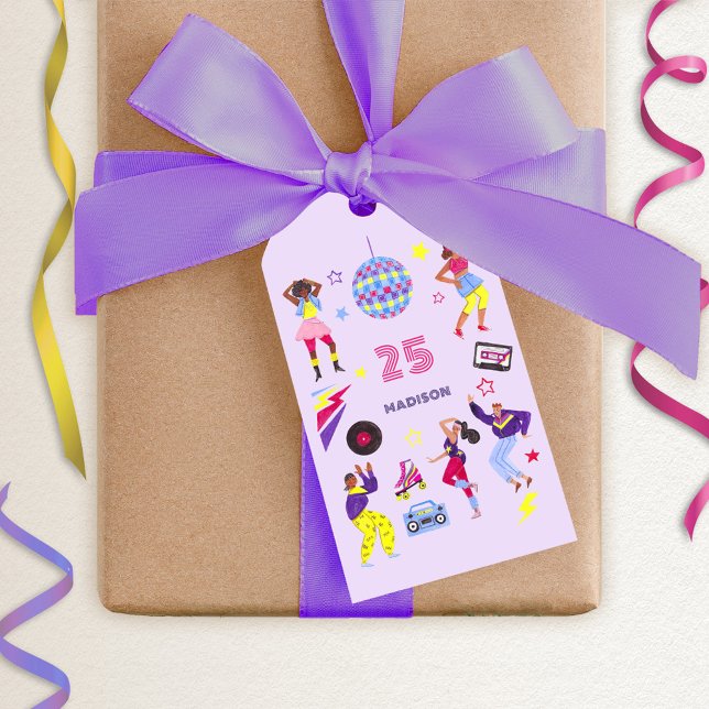Groovy Disco Lila Party Millennial Retro Presentetikett (Disco Party Illustration Gift Tag)