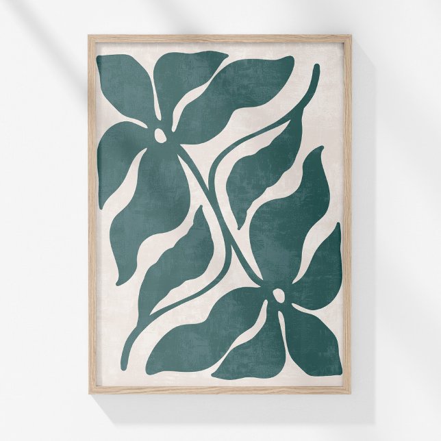 Groovy Dusty Blue Abstrakt Flower Wall Art Poster (Boho Blue and White Abstract Floral Wall Artin a wooden frame on a sunny white wall.)