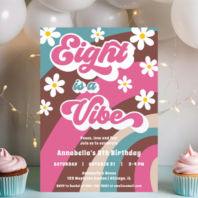 Groovy Eight är en Vibe rosa teal-flicka 8 år Inbjudningar (Skapare uppladdad)