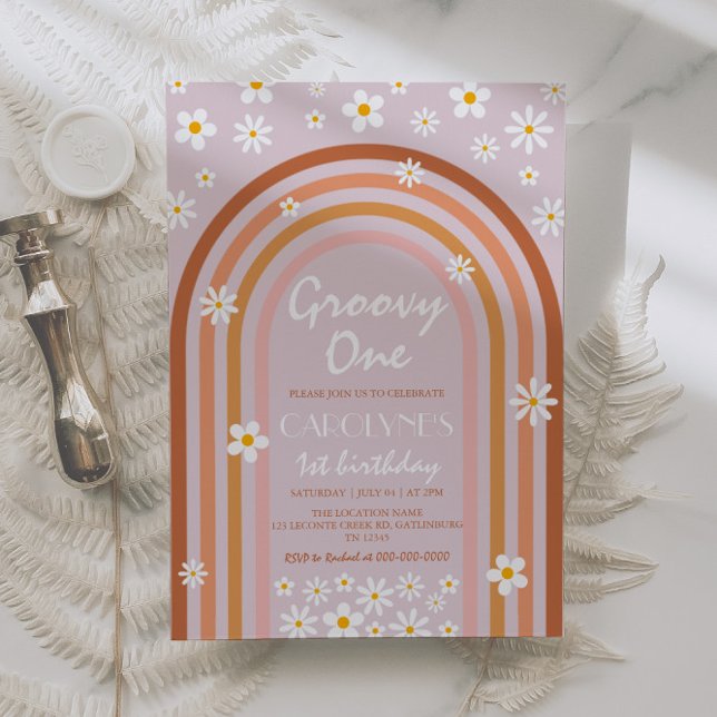 Groovy En Daisy Boho Rainbow 1 födelsedag Inbjudningar (Skapare uppladdad)