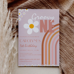 Groovy En Daisy Boho Rainbow Första födelsedag Inbjudningar