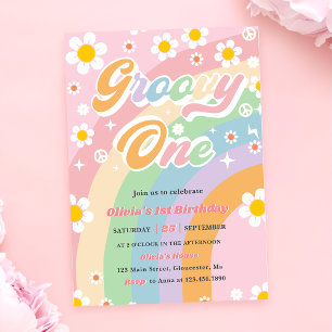 Groovy En Daisy regnbåge 1:a födelsedag Party Inbjudningar
