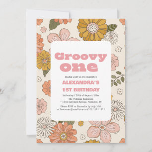 Groovy en första blommigt av födelsedag för Retro  Inbjudningar