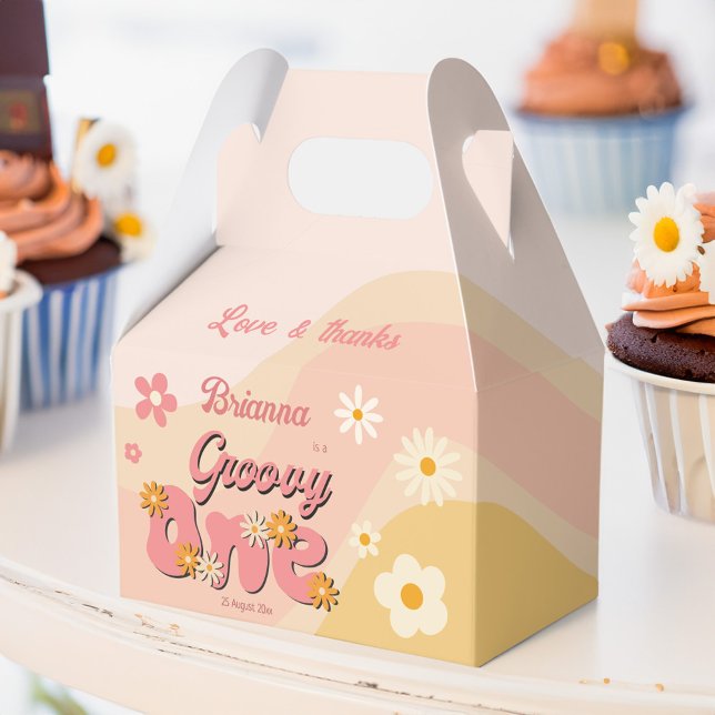 Groovy en retroaktiv daisy 1:a födelsedag tryckt presentaskar (Groovy one retro daisy 1st birthday party personalized printed favor boxes hippie daisy party favors)
