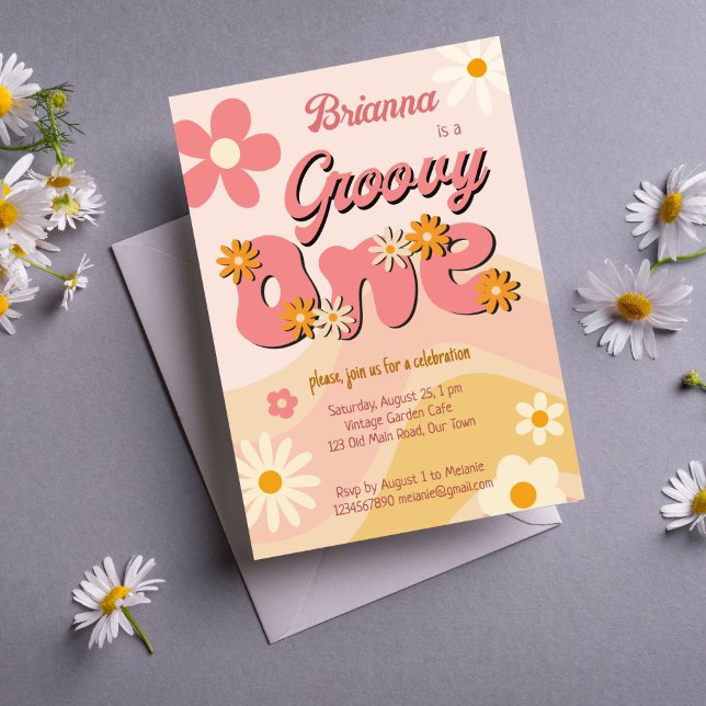 Groovy en retroaktiv daisy första födelsedagsfeste inbjudningar (Groovy one vintage retro daisy first birthday party invitation template instant download boho daisy )