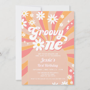 Groovy En Rosa Daisy Sunshine Retro 1:a födelsedag Inbjudningar