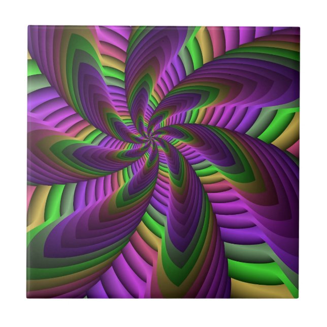 Groovy Energetic Colorful Neon Fractal Mönster Kakelplatta (Framsidan)