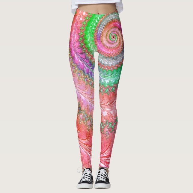 Groovy Färgglad Spiral Digital Abstrakt Fraktal  Leggings (Framsida)
