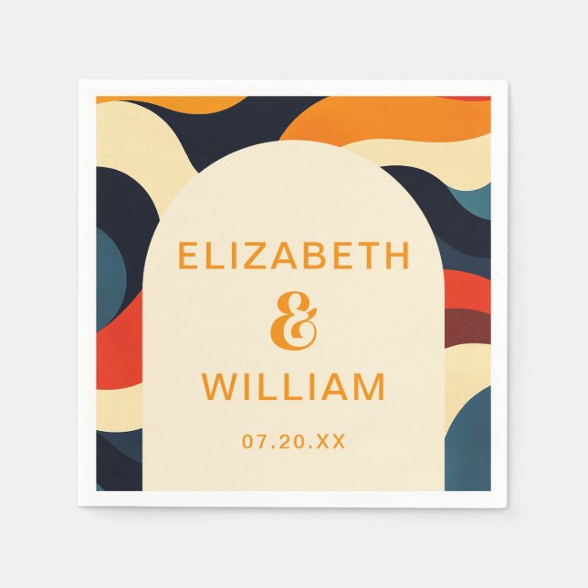 Groovy Färgglada Retro Vågiga Boho Bröllopsfoto Pappersservett (Framsidan)