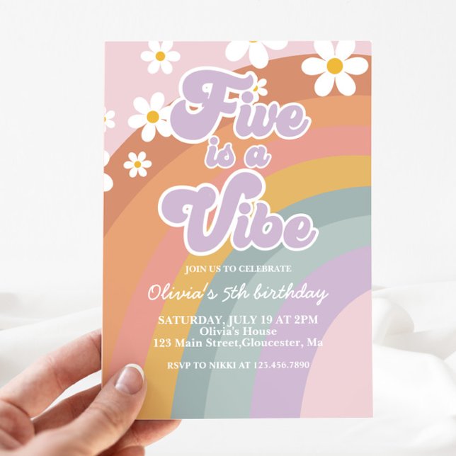 Groovy Fem är en vibe Retro Rainbow 5:e födelsedag Inbjudningar (Skapare uppladdad)