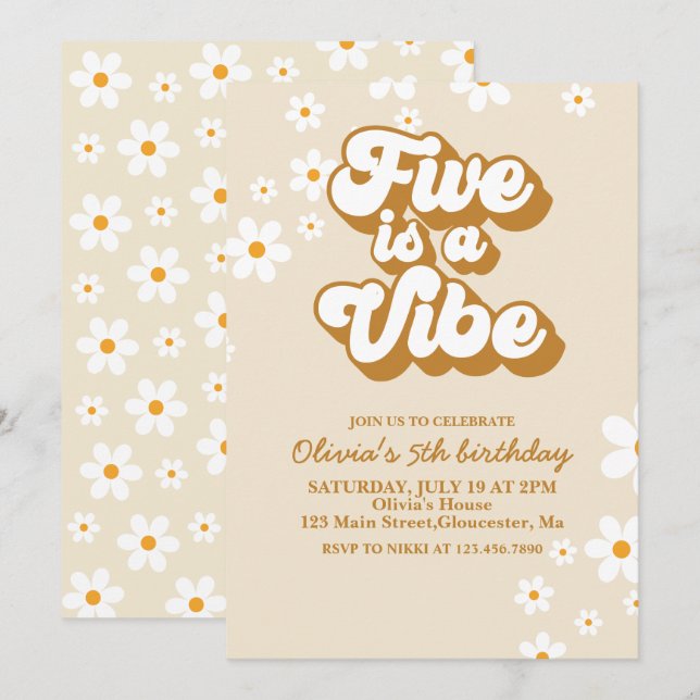 Groovy Five är en stämning Retro Daisy 5-årsdag Inbjudningar (Fram/baksida)