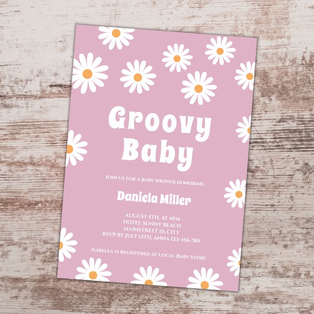Groovy Flicka Daisy 70s Retro Baby Shower Inbjudningar (groovy baby retro 70s daisy girl baby shower invitation)