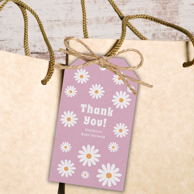 Groovy Flicka Shower Flower Power Tack Presentetikett (daisy baby girl shower thank you gift tags pink daisy wreath daisies flower power)