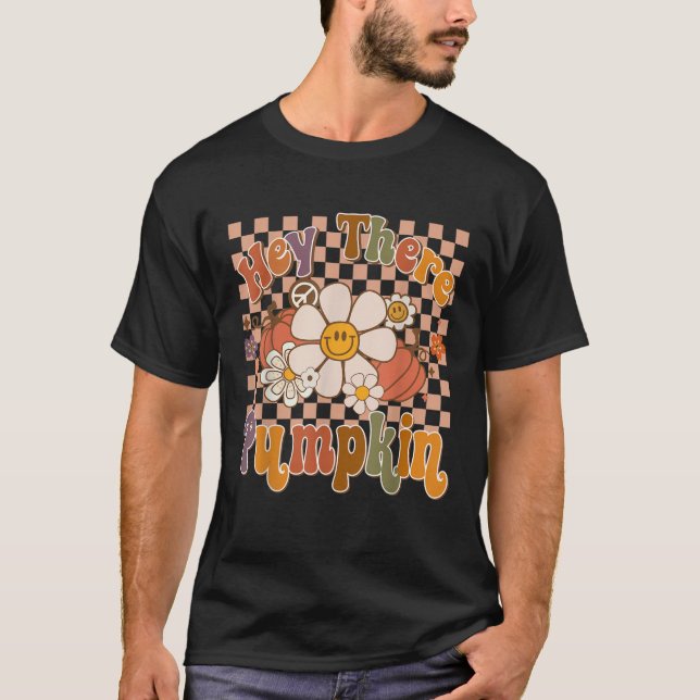 Groovy Flower Hej, där Pumpkin Fall Hösten Tack T Shirt (Framsida)