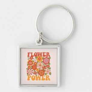 Groovy Flower Power Graphic Fyrkantig Silverfärgad Nyckelring