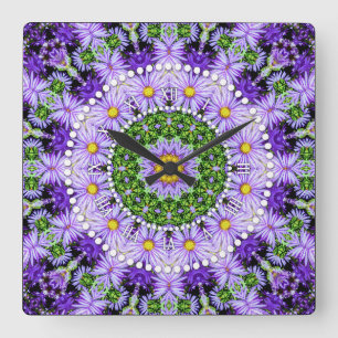 Groovy Flower Power Lila Lilac-Grönt Fyrkantig Klocka
