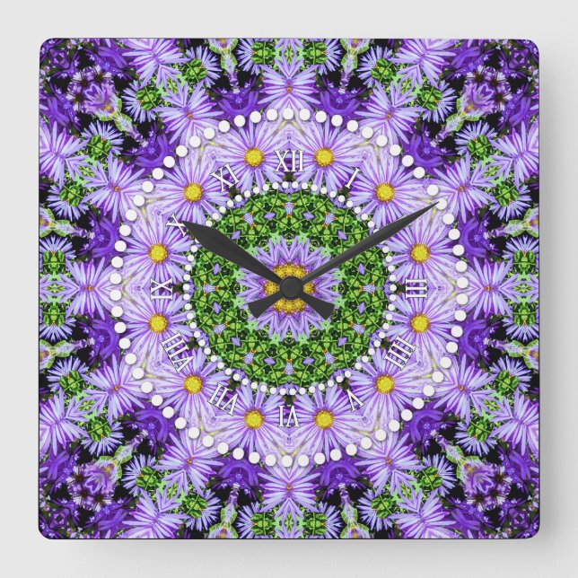 Groovy Flower Power Lila Lilac-Grönt Fyrkantig Klocka (Framsida)