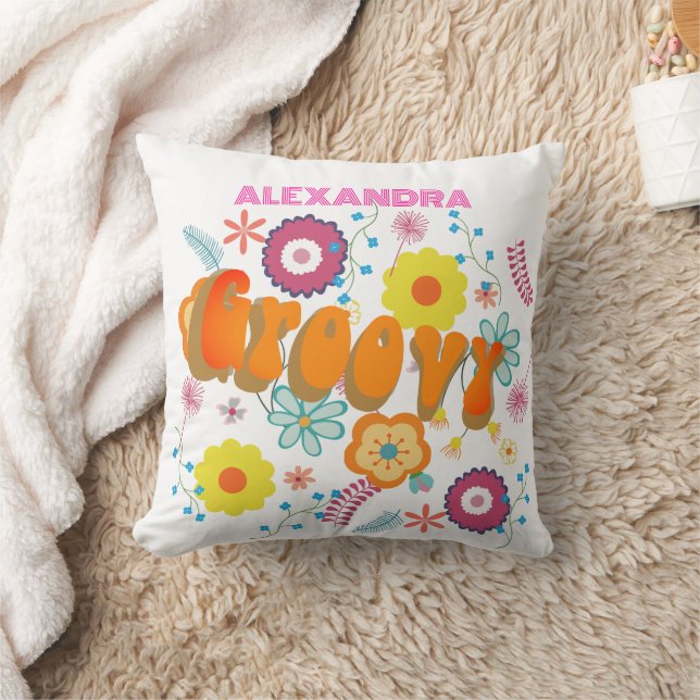Groovy Flower Power White Rosa Vit Kudde (Filt)