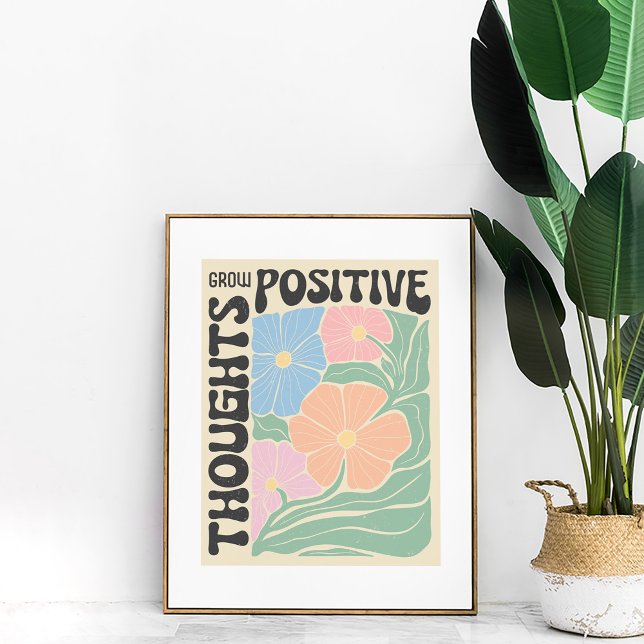 Groovy Flowers "Grow Positive Thoughts" Wall Art Poster (Groovy Flowers "Grow Positive Thoughts" Wall Art in a golden frame with a large green plant.)