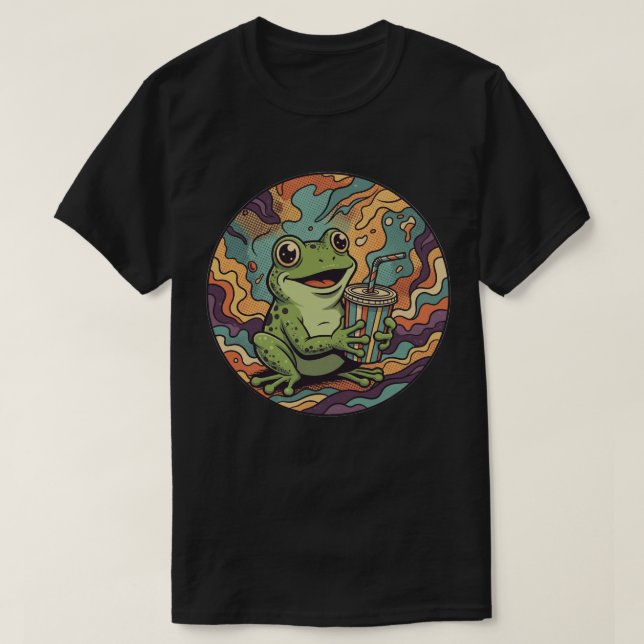 Groovy Frog Drinking Soda - Retro Psychedelic Art T Shirt (Design framsida)