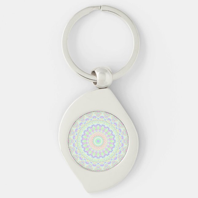 Groovy Funky Boho Hippie Regnbåge Abstrakt Mandala Swirl Silverfärgad Nyckelring (Framsidan)