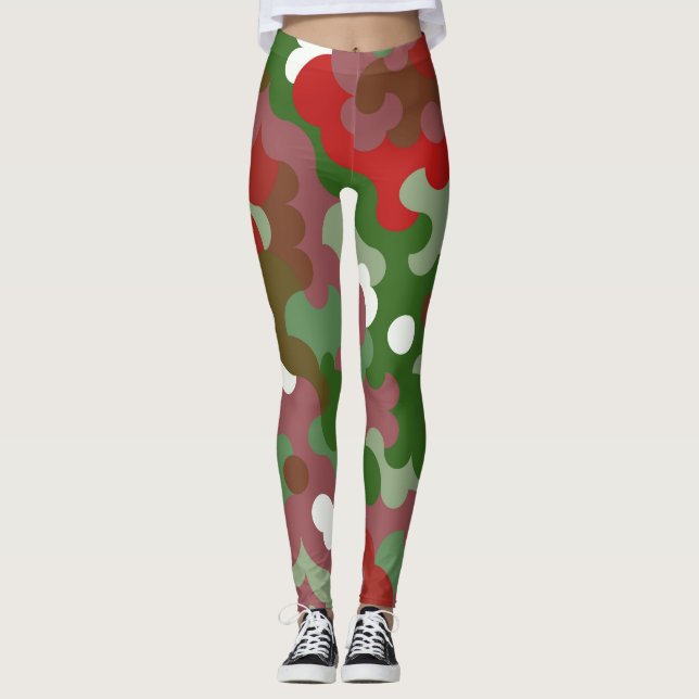 Groovy Funky Retro Boho Röd och Grön Jul Leggings (Framsida)