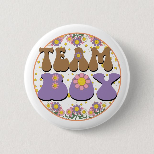 Groovy Gender Reveal Team Boy Blue, Retro Flower Knapp (Framsida)