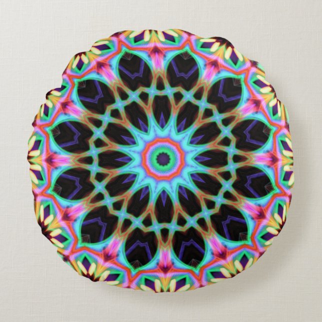 Groovy Geometric Blommigt Mandala Round Rund Kudde (Framsidan)