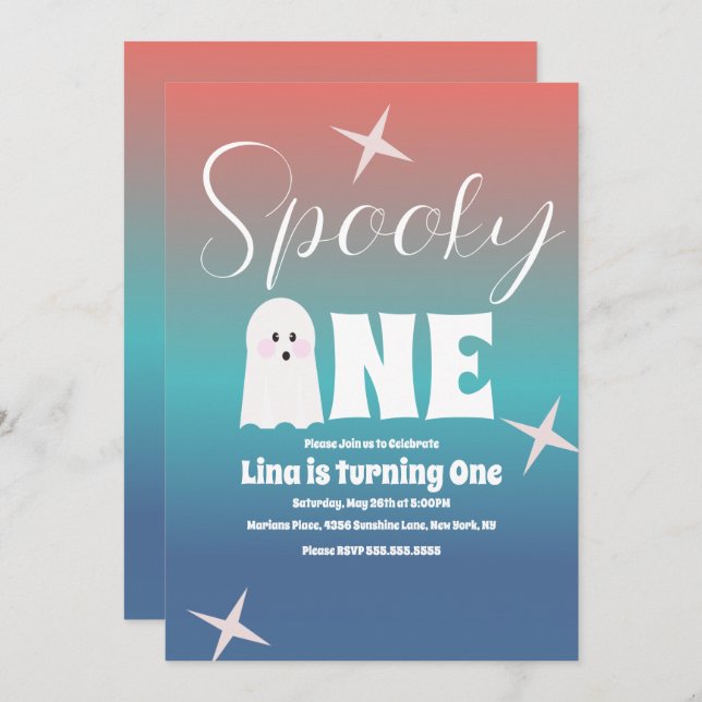 Groovy Ghost Halloween Birthday Gradient Inbjudningar (Fram/baksida)