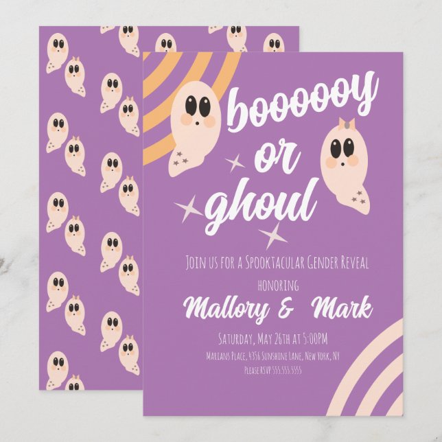 Groovy Ghost Retro Halloween Gender Reveal Inbjudningar (Fram/baksida)