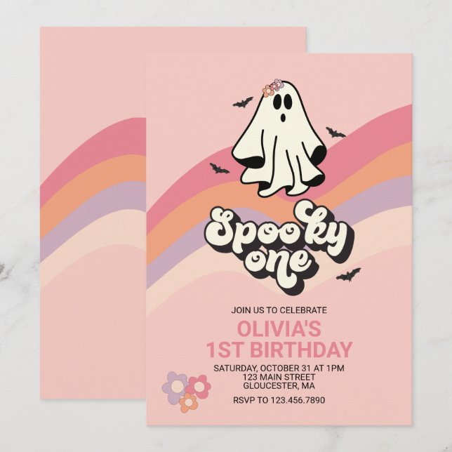 groovy Ghost retro Halloween kuslig ettårsfest Inbjudningar (Fram/baksida)