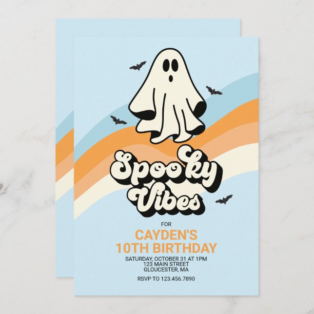 Groovy Ghost retro Halloween Spooky Vibes Blue Inbjudningar (Fram/baksida)